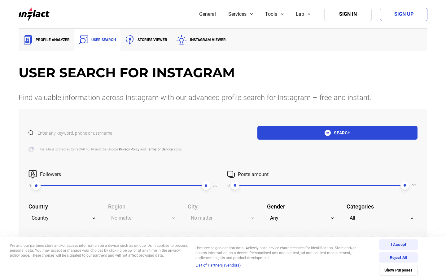 User Search for Instagram preview