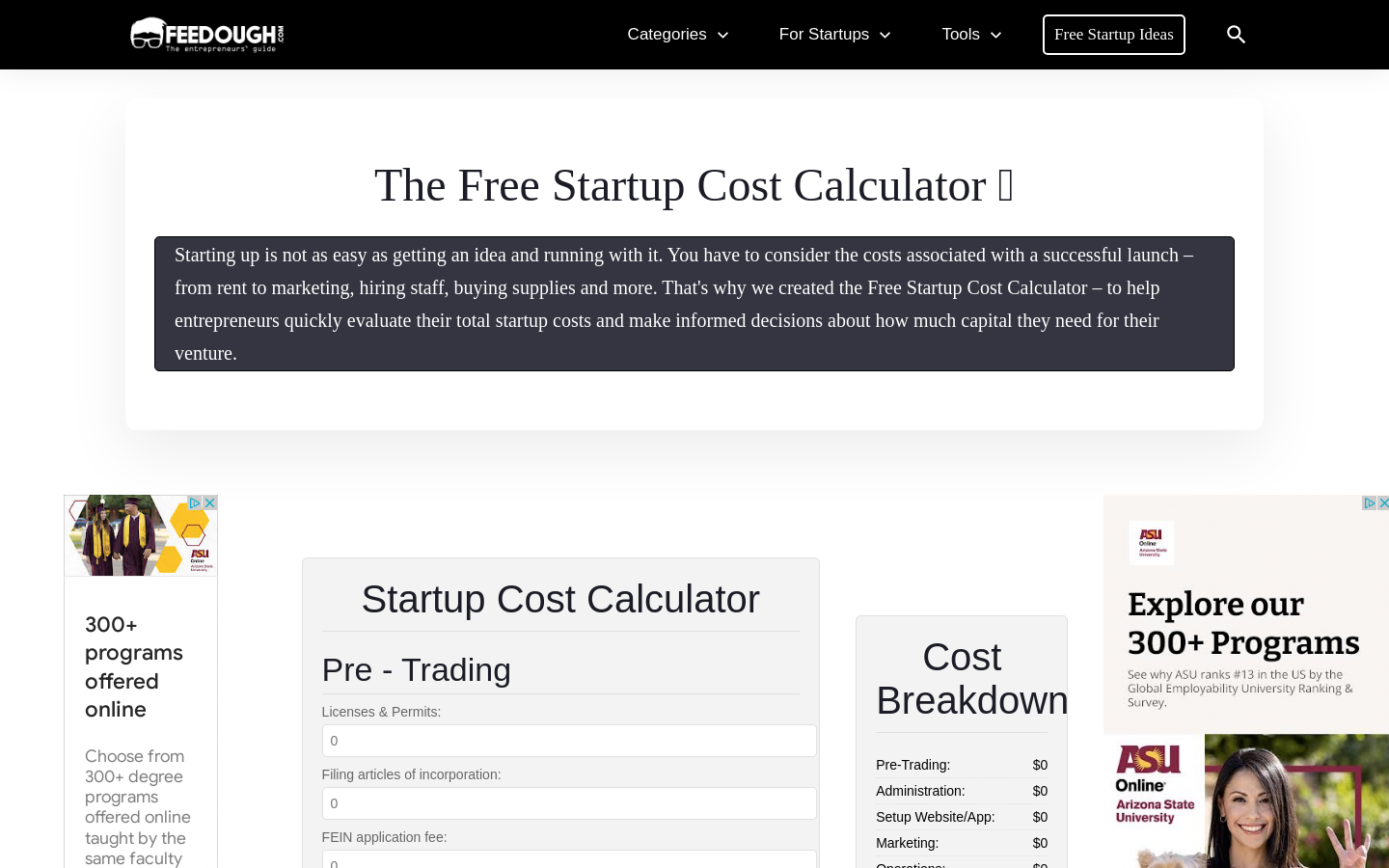 Startup Cost Calculator preview