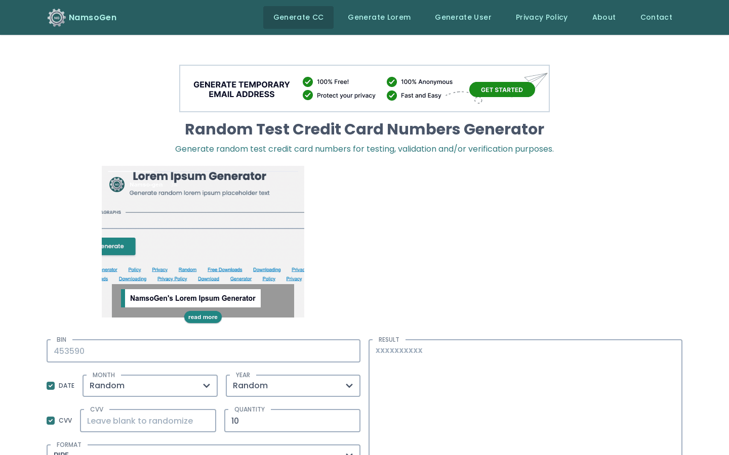 credit card numbers generator preview