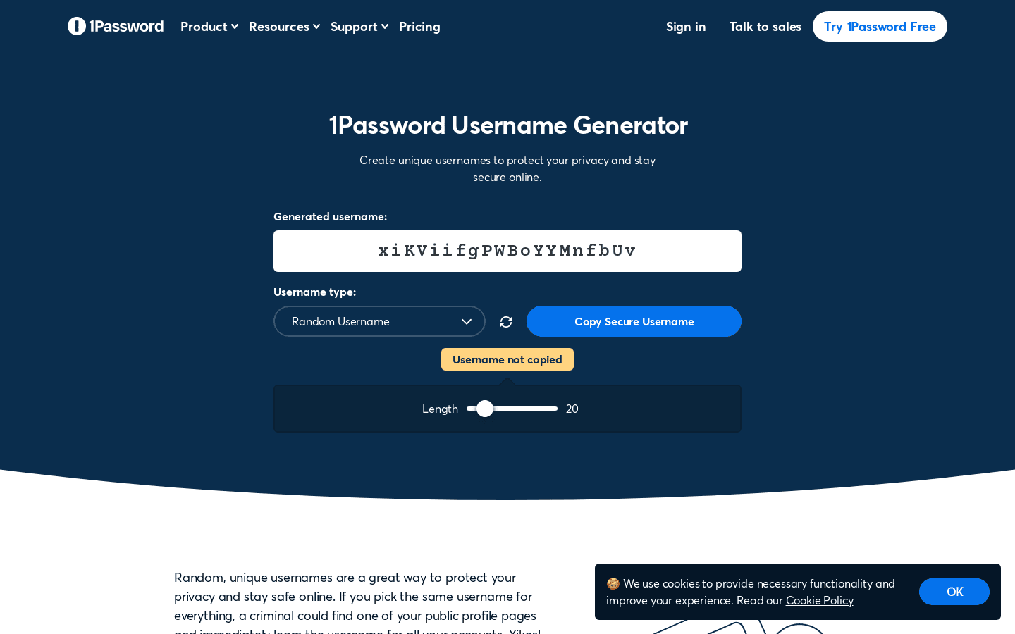 1Password Random Username Generator preview